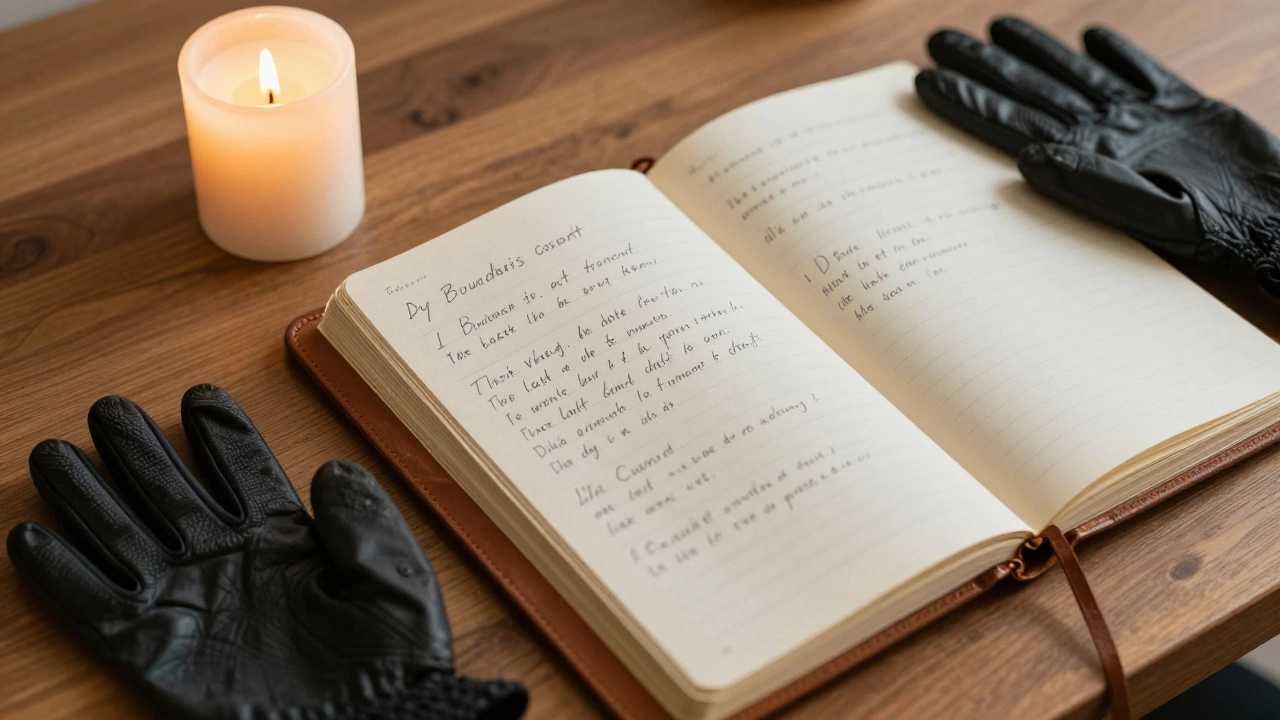 A journal with handwritten consent notes and gloves on a desk, symbolizing careful preparation.