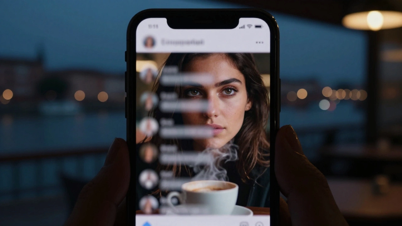 A woman&#039;s eyes reflect a secure messaging app screen in a dim Toulouse café, coffee steaming beside her.