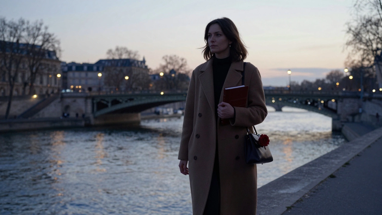 A woman walks alone along the Seine at dawn, coat flowing, notebook in hand, Paris behind her.