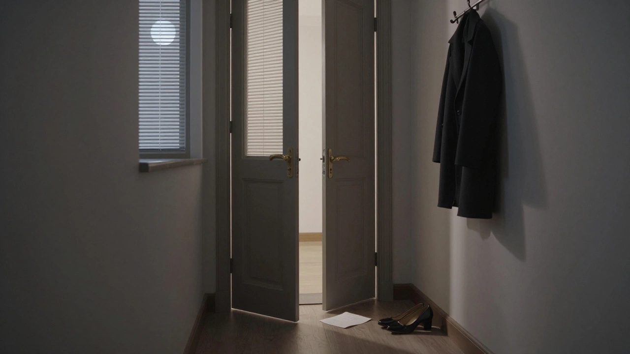 An empty hotel hallway at night, shoes and coat left neatly outside a slightly open door.